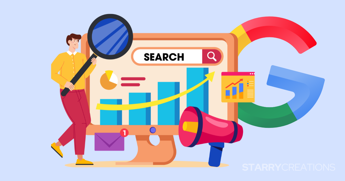 検索エンジン最適化（SEO）を示すグラフとGoogleロゴ