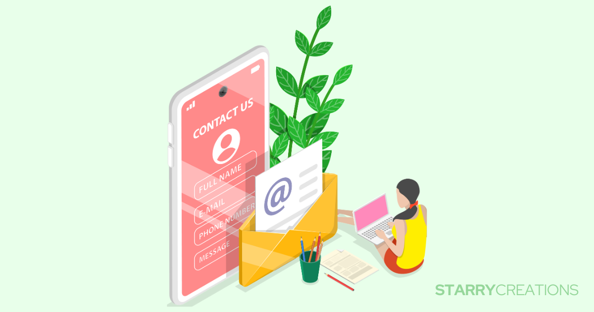 スマホとメールアイコン、お問い合わせを送る女性のイラスト