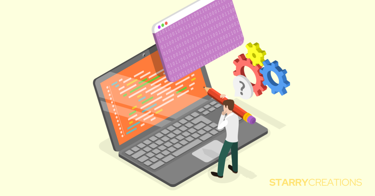 パソコンと歯車でWebツールを検討する人物のイラスト