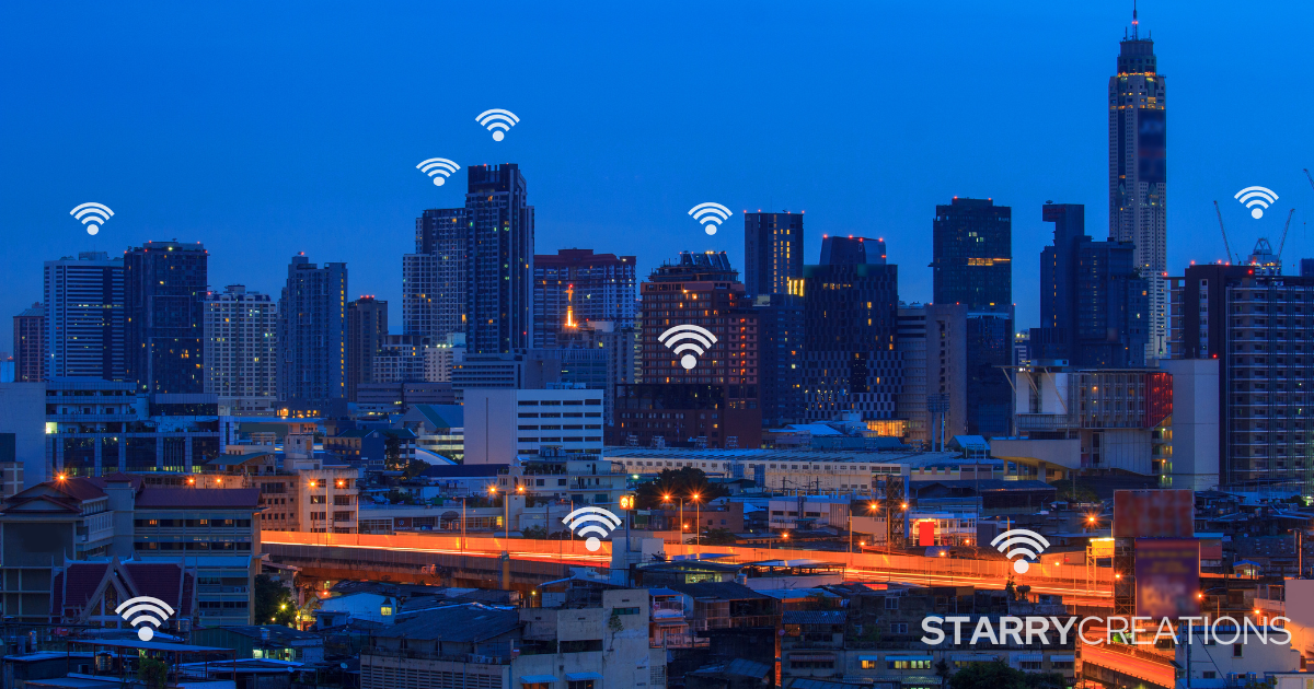 都市のビルに浮かぶWi-Fiマークのイメージ