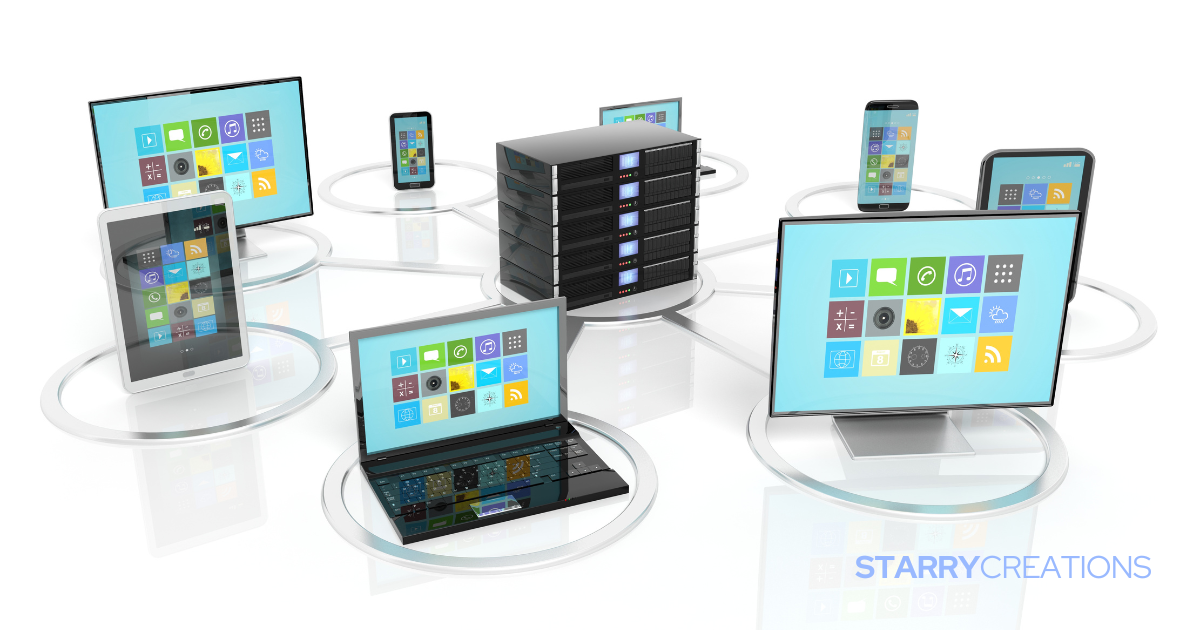 サーバーを中心にパソコンやスマートフォンが接続されているCGイメージ