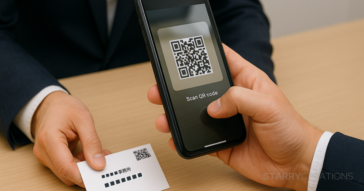 スーツ姿の人物が名刺のQRコードをスマホで読み取っている様子